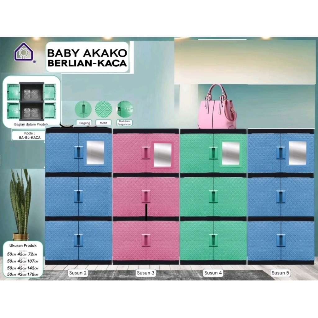LEMARI BABY AKAKO BERLIAN KACA & NON KACA - LEMARI ANAK FULL RAK