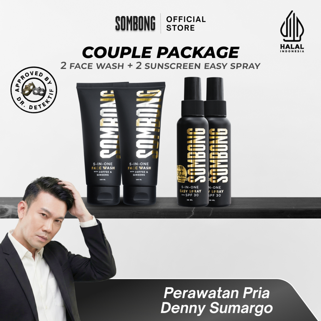 SOMBONG Paket Couple Ganteng Ga Ribet 5-in-1 Face Wash Pria + Sunscreen Spray with SPF 30 Sunscreen 