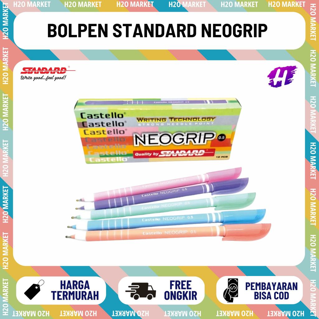 Pulpen Bolpen Castello Standard Neogrip Warna Warni Tinta Hitam 0.5 mm 1 pc