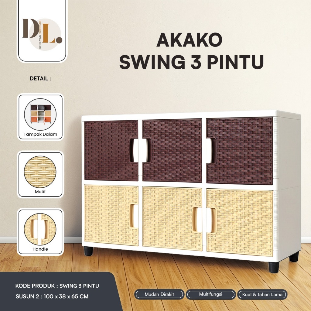 Lemari Pakaian Plastik Akako SWING Fancy 3 Pintu Jumbo Motif Rotan Anyaman Premium Susun 2, 3, 4, da