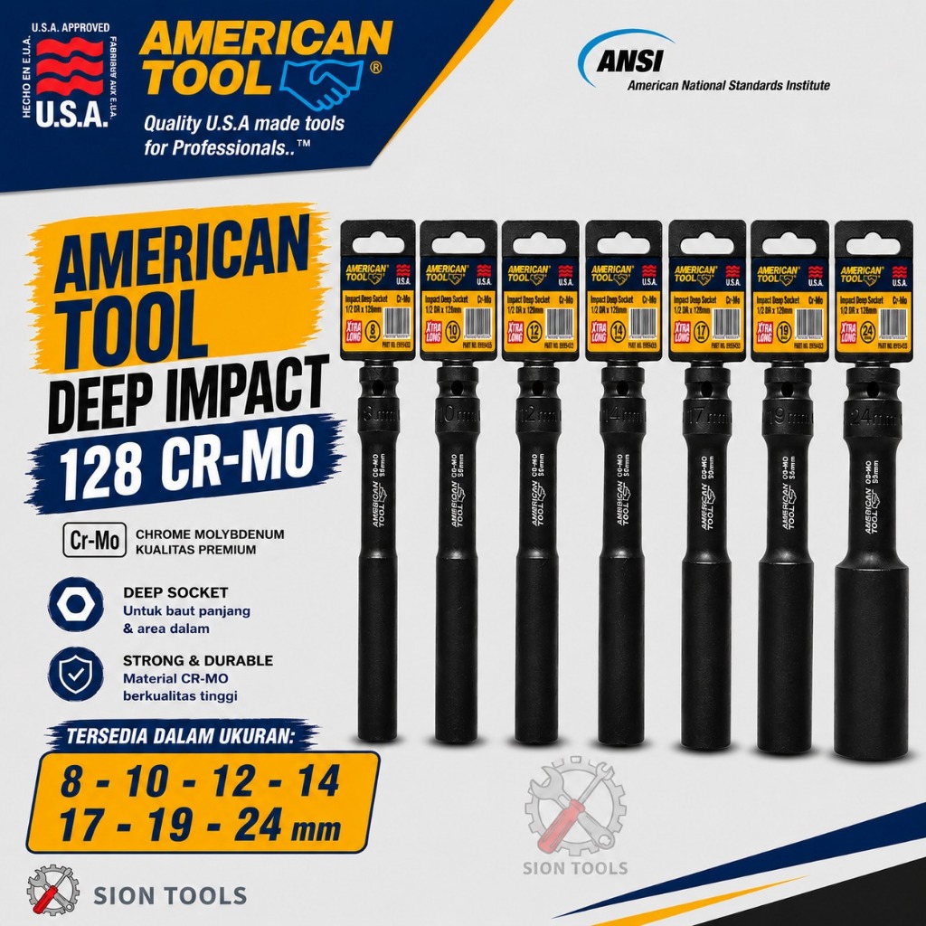 AMERICAN TOOL 1/2 INCH KUNCI SOCK DEEP IMPACT EXTRA LONG (128 MM) 6 PT 8-24 MM - MATA SOK PANJANG