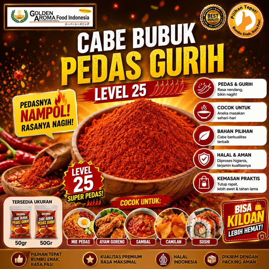 Cabe Bubuk Pedas Gurih 25 50Gr Bubuk Cabe Pedas Gurih Level 25 Makanan Bisa Kiloan Chilli Powder Sup