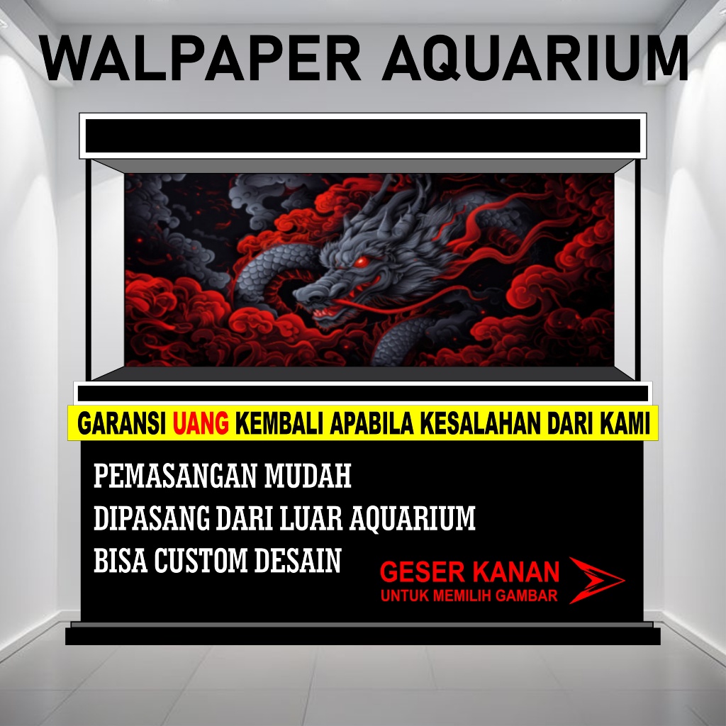 STICKER WALLPAPER BACKGROUND AQUARIUM BELAKANG 3D TEMA GAMBAR NAGA MERAH D