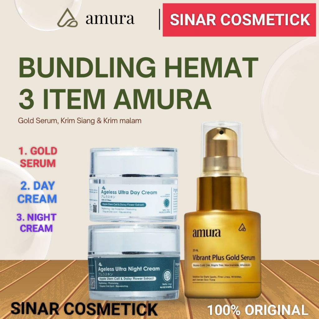 3 IN 1 AMURA PAKET SERUM GOLD FREE CREAM SIANG & MALAM - SKINCARE FLEK HITAM ( GOLD CREAM SIANG MALA