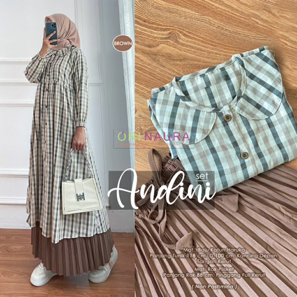 One Set Andini setelan long tunik katun remaja muslimah motif kotak kotak