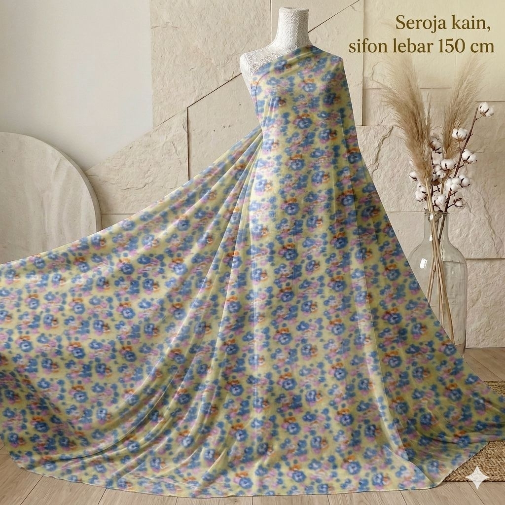 Seroja Kain - Ceruty Sifon Motif Bunga Shabby Chic Lebar 1.5 Meter - Bahan Kain Ceruti Babydoll Prin