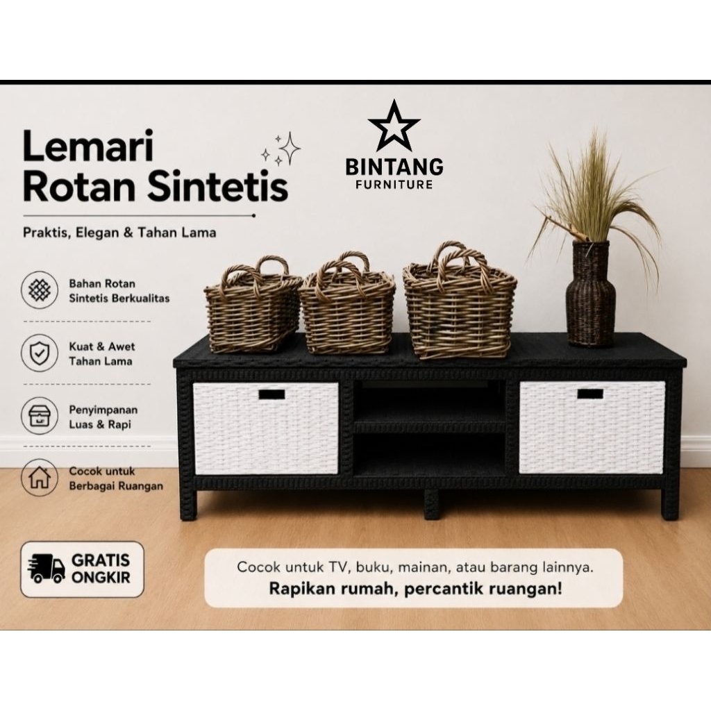 Lemari Rotan Sintetis 2 Laci Dvd Polos Lemari Plastik Meja TV Rotan Rak Susun Murah