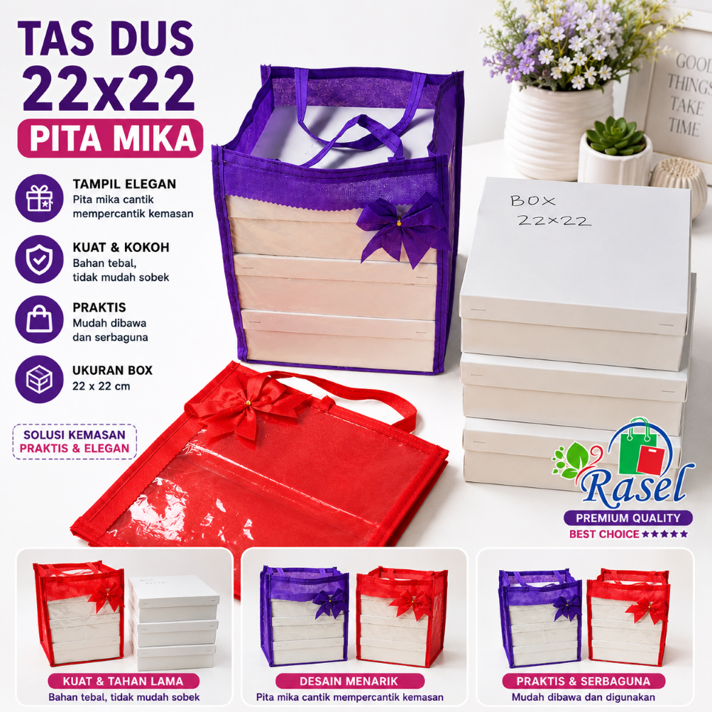 1 LUSIN tas besek mika pita mentahan dus kotak box kue nasi 22x22 kantong goodie bag spunbond