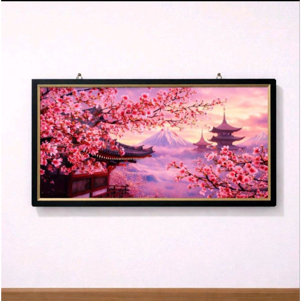 hiasan dinding lukisan cetak gambar bunga sakura plus bingkai ukuran 100×50cm