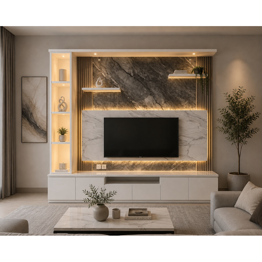 Backdrop TV Minimalis Modern Putih Kombinasi Marmer Hitam Rak LED Cabinet TV Elegan