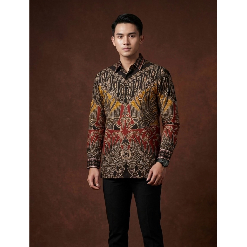 Kemeja batik Tulis pria Prada GARUDA KENCANA MERAH Jahitan bordir smock, Kemaja batik modern cutting