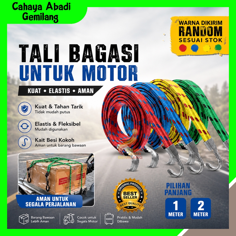 Tali Bagasi Kait Pipih Gepeng Karet Ikat Barang Di Motor / Tali Bagasi Motor 1M 2M Tali Ikat Barang 