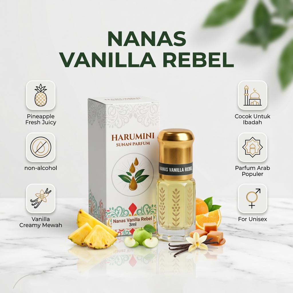 PARFUM NANAS VANILLA REBEL ,  PARFUM ARAB PREMIUM ,  PARFUM SHOLAT NON ALKHOHOL