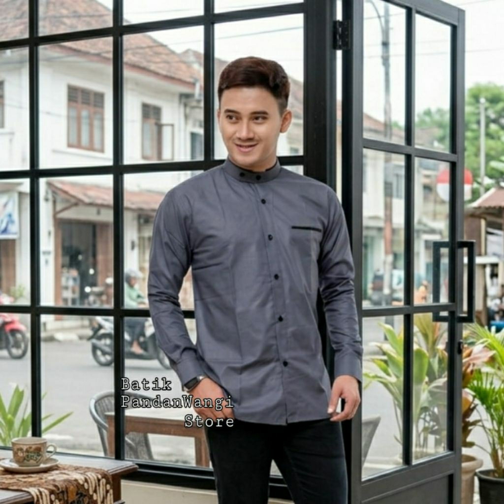 Baju Kemeja Koko Pria Lengan Panjang Polos Kakedo Rumi Kemko Warna Abu Premium Kain Katun Toyobo