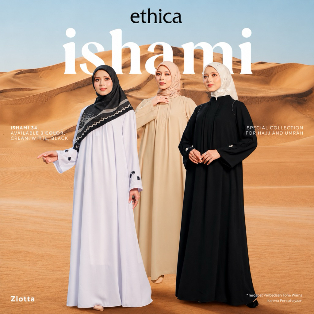ETHICA Gamis ISHAMI 34 (Black, White, Cream) Dress Polos Haji Umroh Fashion Muslim Wanita