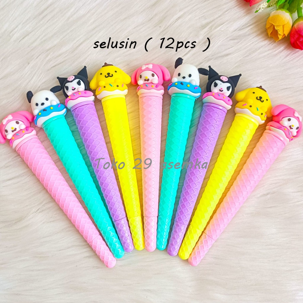 12 PCS SELUSIN PULPEN ES KRIM CONE SANRIO V2 PEN PENA BOLPEN BOLPOIN MELODY KUROMI GROSIR MURAH COD
