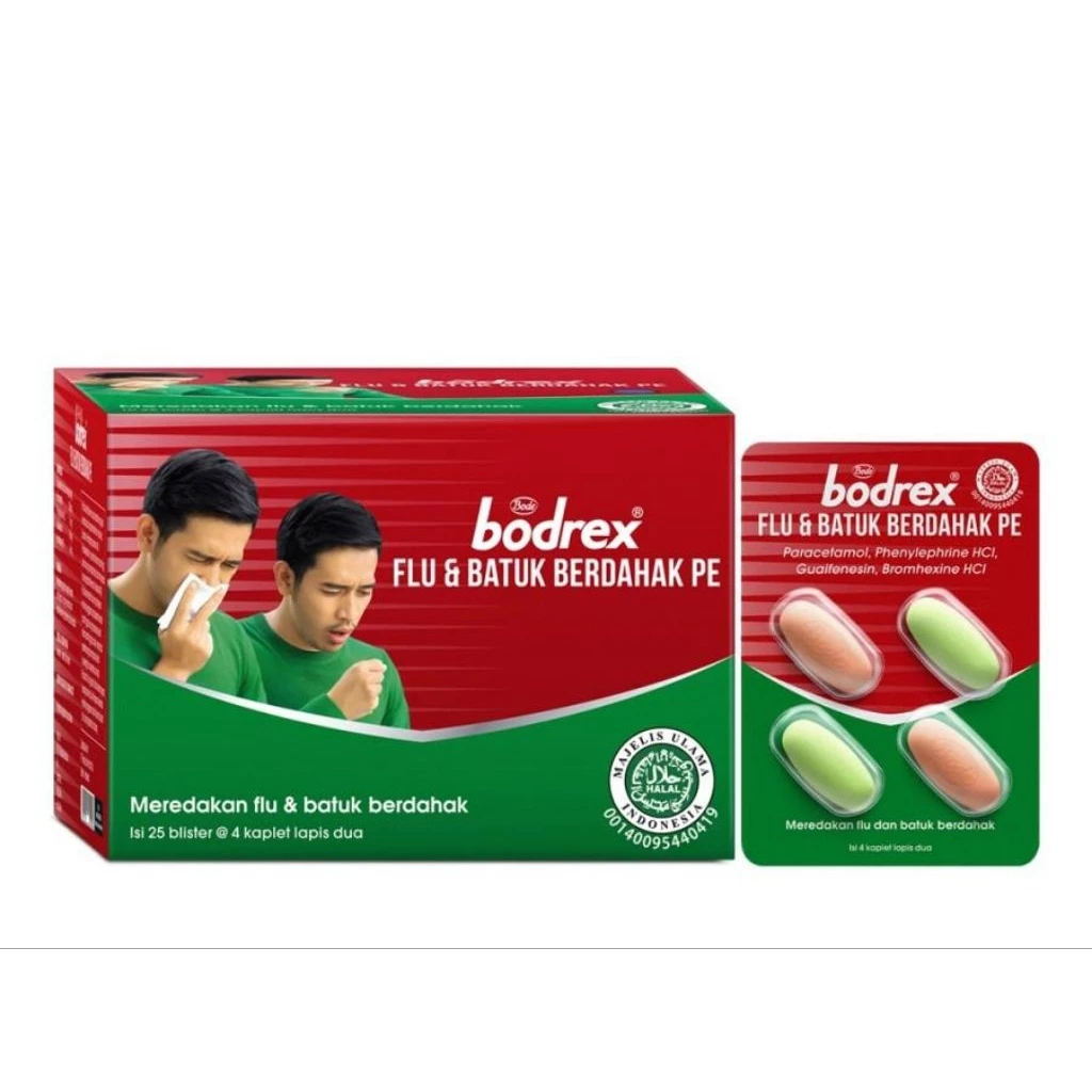 BODREX FLU DAN BATUK BERDAHAK PE 1 BOX ISI 25 STRIP 4 TABLET MEREDAKAN GEJALA FLU DAN BATUK DISERTAI