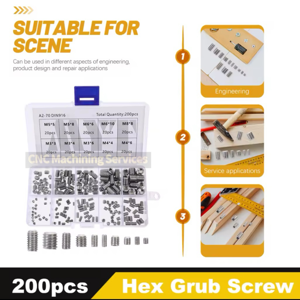 200pcs Baut L Tanam Sekrup Soket Hex Sekrup Tanpa Kepala Baud M3 M4 M5 M6 M8 Baut Variasi
