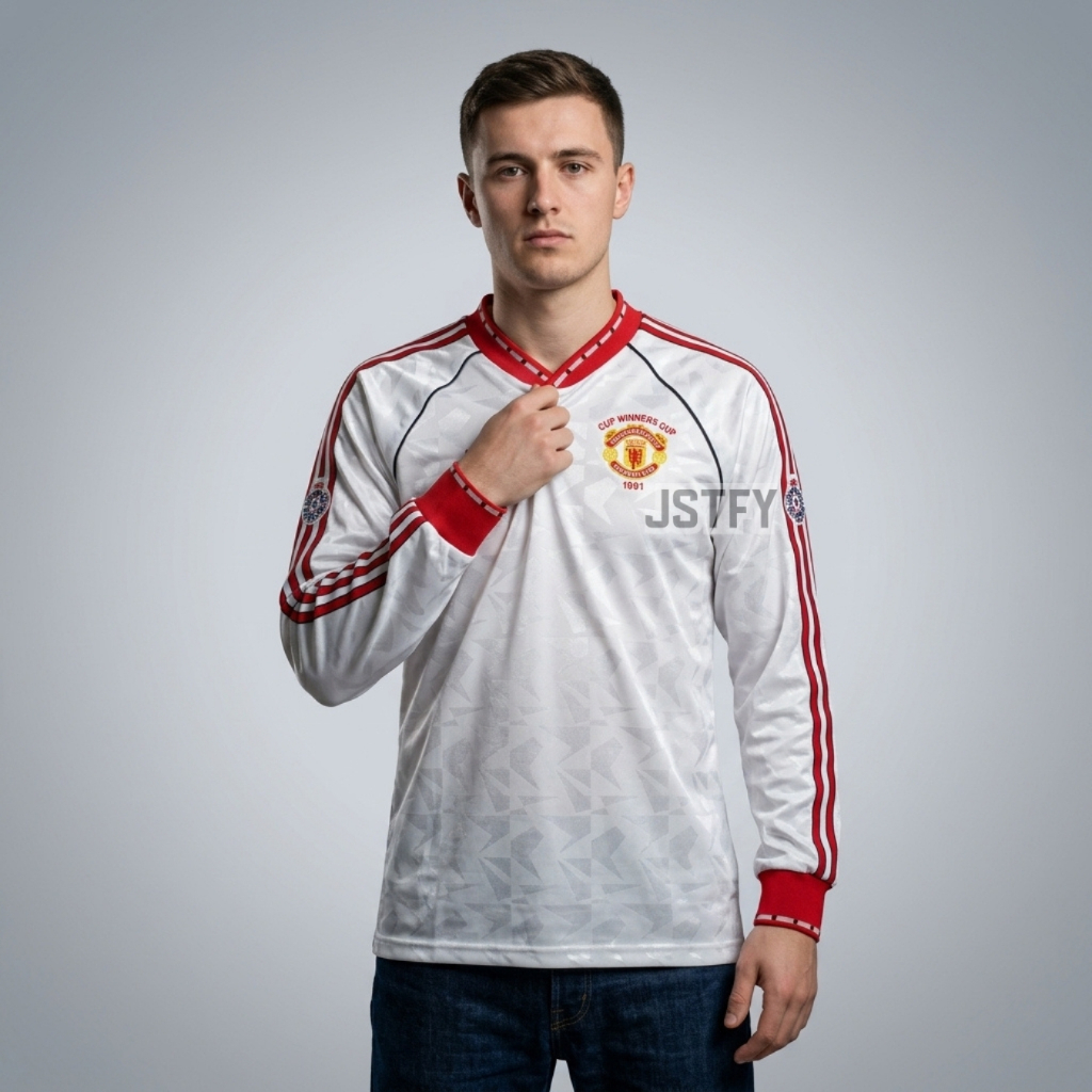 Jersey Retro LongSleeve Mnchstr Untd Away 1990 1991 M U Long Sleeve LS Lengan Panjang Baju Bola Puti