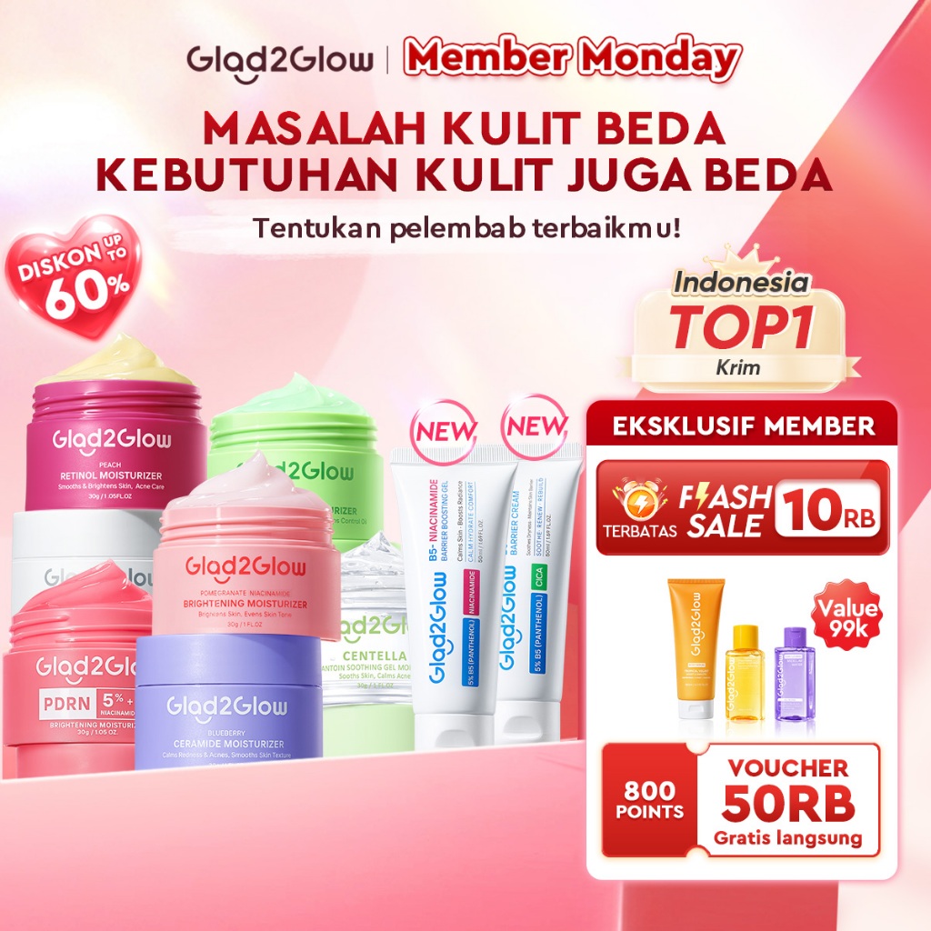 Glad2Glow Moisturizer Series Mencerahkan Pencerah Wajah Anti Jerawat Penuaan Hilangkan Flek Tenangka