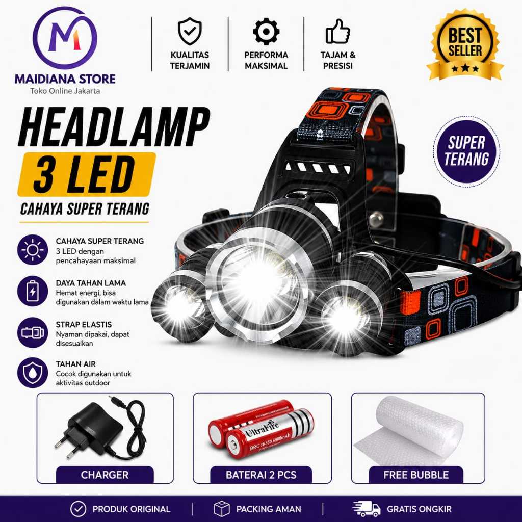 Paket Senter Kepala Led T6 5000lumen / Headlamp Led 3 XML T6