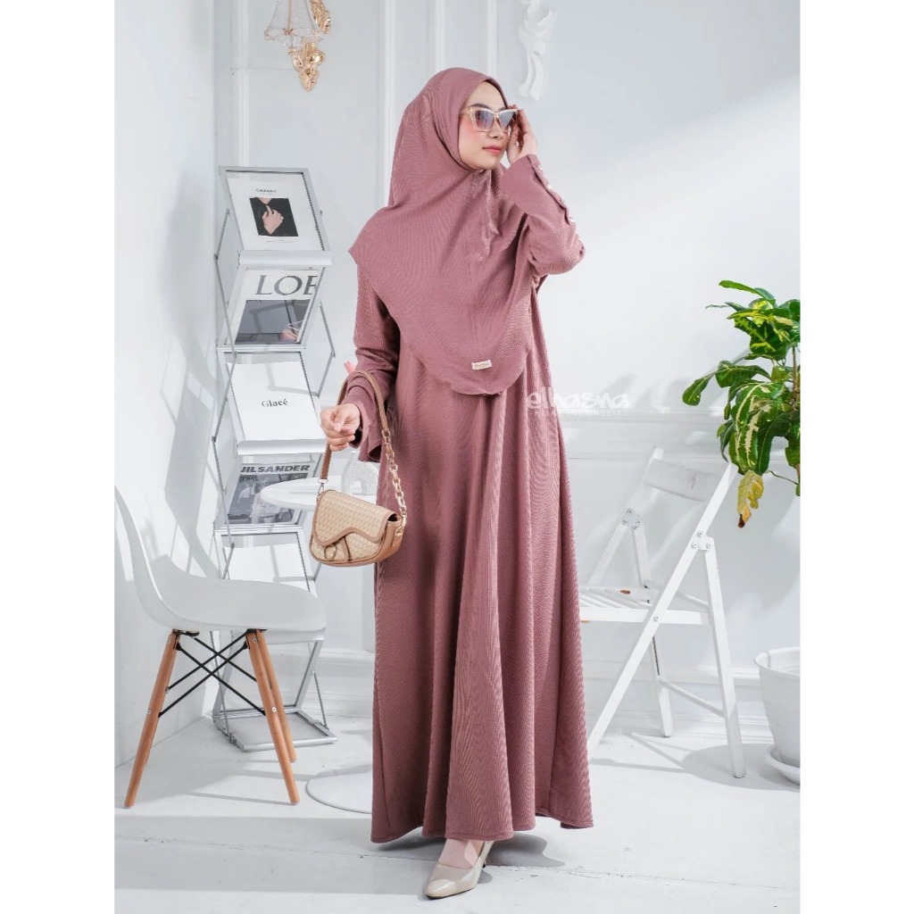 Elhasna Hijab Gamis Set Abaya Resleting Depan Button Gold Knit Premium Jumbo