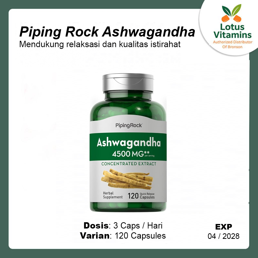 Piping Rock Ashwagandha 4500mg 120 Capsules Suplemen Herbal Adaptogen Original