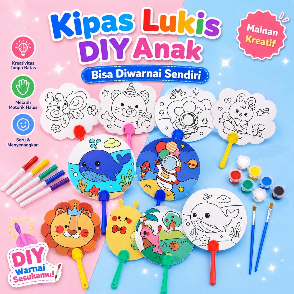 DIY Mewarnai Kipas Kertas Anak Kipas Lukis Kreatif Prakarya TK PAUD Souvenir Ulang Tahun Goodie Bag 