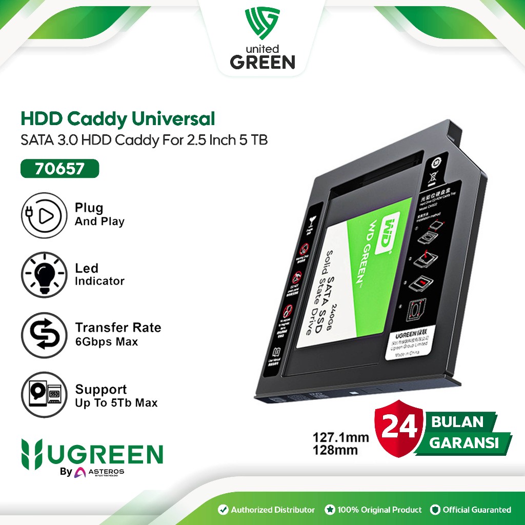 UGREEN SSD HDD Caddy Slim 9.5mm UGREEN Sata DVD Slot Hardisk 2.5" SSD 5TB 70657