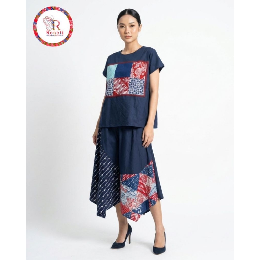 1 Set Tara Top & Cullote Nara Blue Navy Series, Baju Batik Modern - Baju Batik Wanita Elegan - Baju 