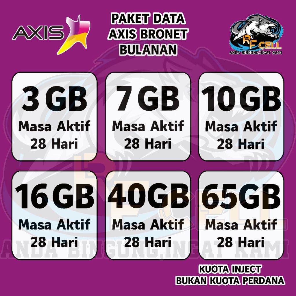 PAKET DATA INTERNET BULANAN AXIS BRONET FULL KUOTA UTAMA,TANPA DIBAGI