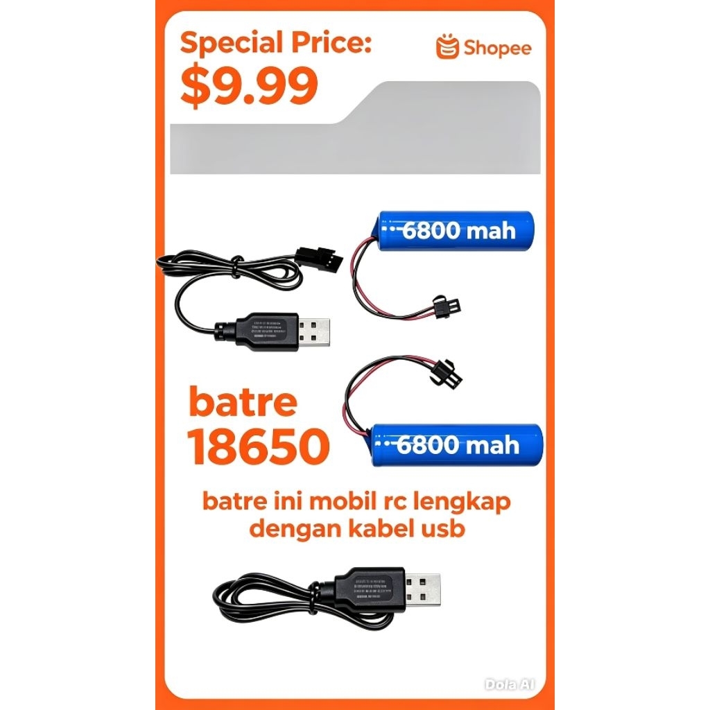 BATRE 18650  MOBIL RC 3.7 VOL 6800 MAH SUDAH DI LENGKAPIN KABEL18650 USB UNTUK CARGER