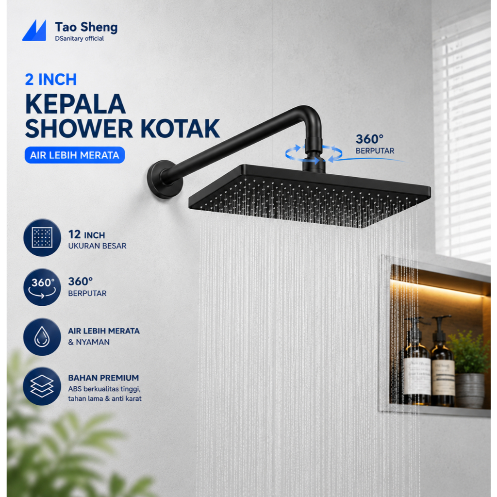 Rain Shower Kotak 12 Inch ABS | Silikon Anti Sumbat | Kepala Shower Tekanan Tinggi dengan Aliran Air