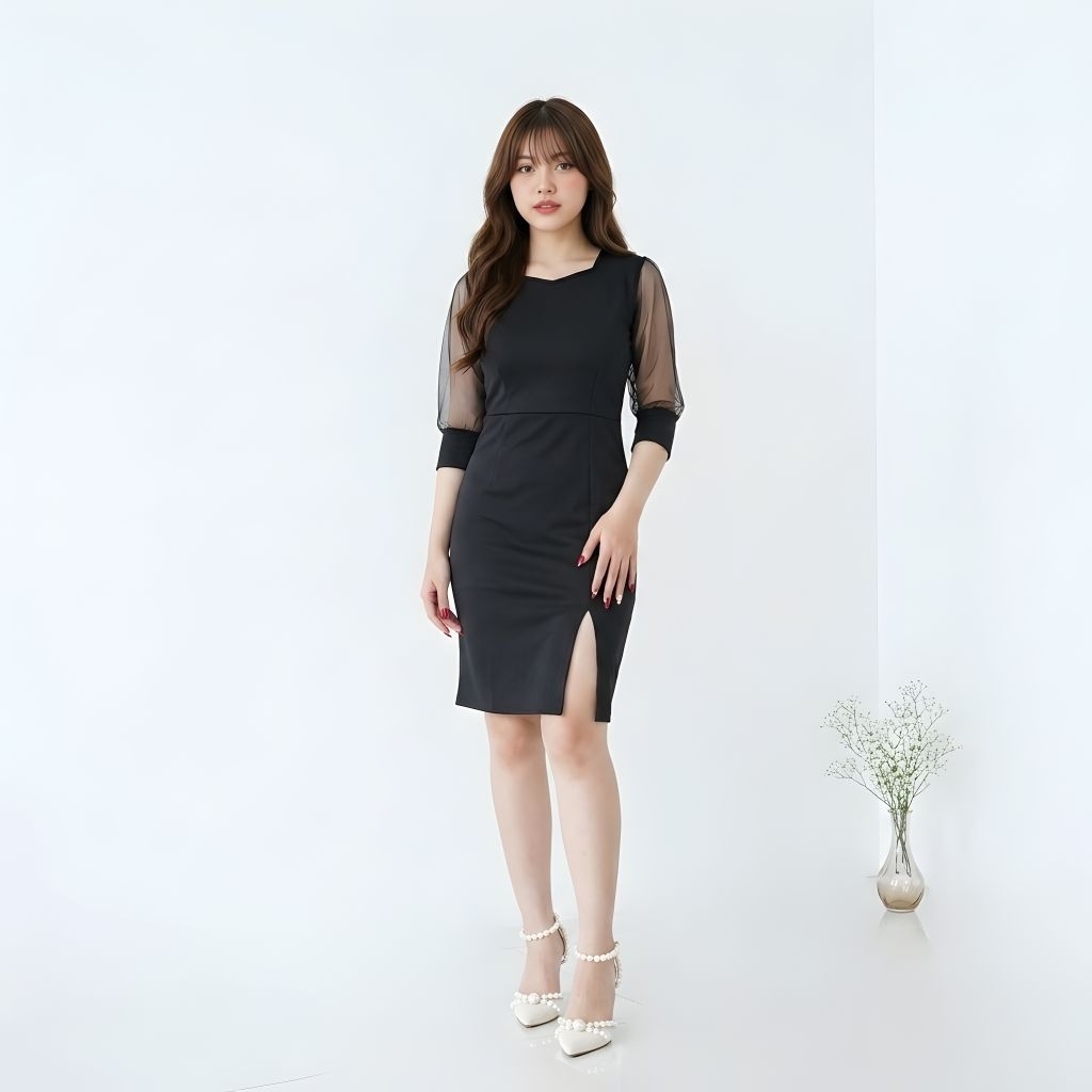 Gaun Pesta Wanita Elegan Scuba Bodycon – Dress Midi Modis Belahan Samping & Lengan Sheer Michie Fh