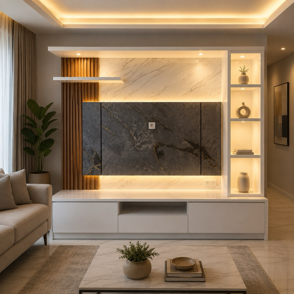 Backdrop TV Minimalis Modern Putih Marmer Hitam Rak LED Cabinet TV Elegan