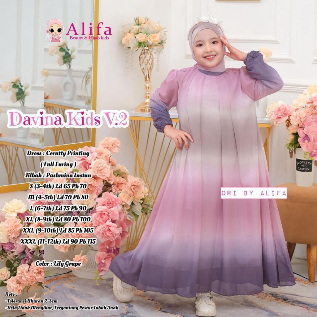 Davina Set Syari Kids Vol 2 setelan dress Ceruty Printing Premium dan Jilbab Ceruty Premium outfit l