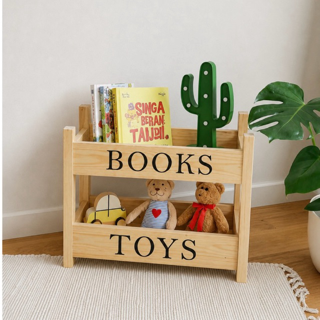 RAK BUKU ANAK KAYU SERBAGUNA + RAK MAINAN | RAK PENYIMPANAN BUKU & TOYS ANAK | RAK KAYU MINIMALIS ES