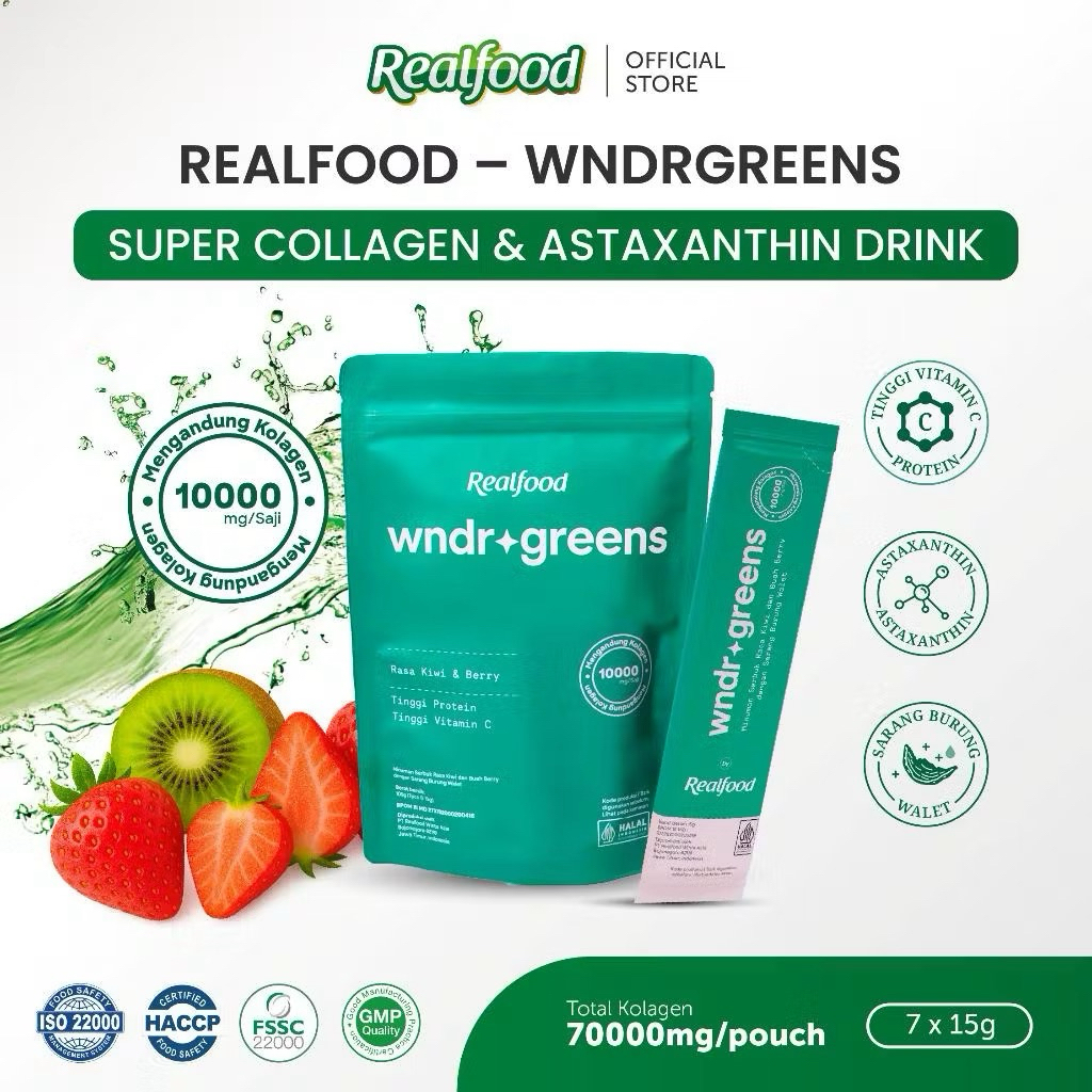 Realfood WNDR Greens | Super Green Super Collagen Drink | Collagen 10000mg | Bird's Nest | Astaxanth