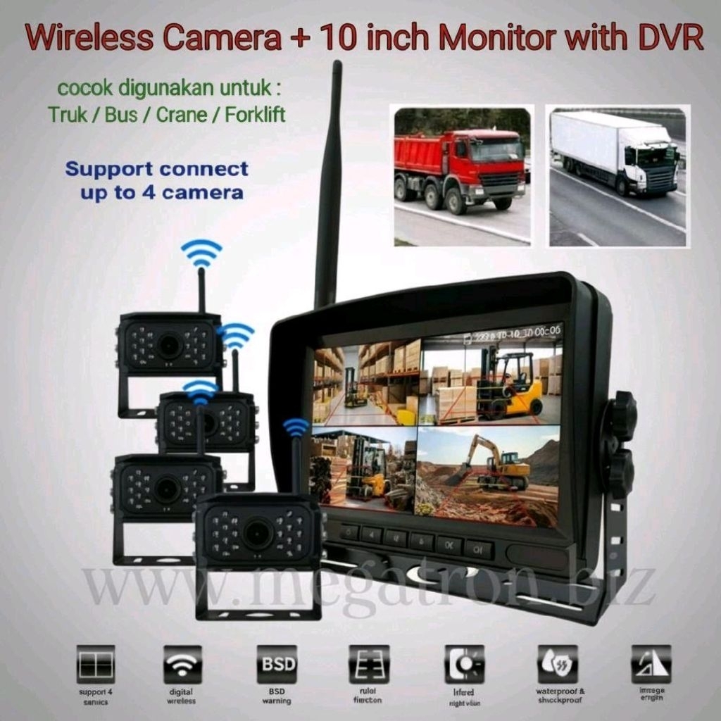 Wireless Camera + 10 inch Monitor with DVR - 1080P Night Vision (cocok untuk Bus/Truk/Crane/Forklift) - 1 Layar support 4 camera
