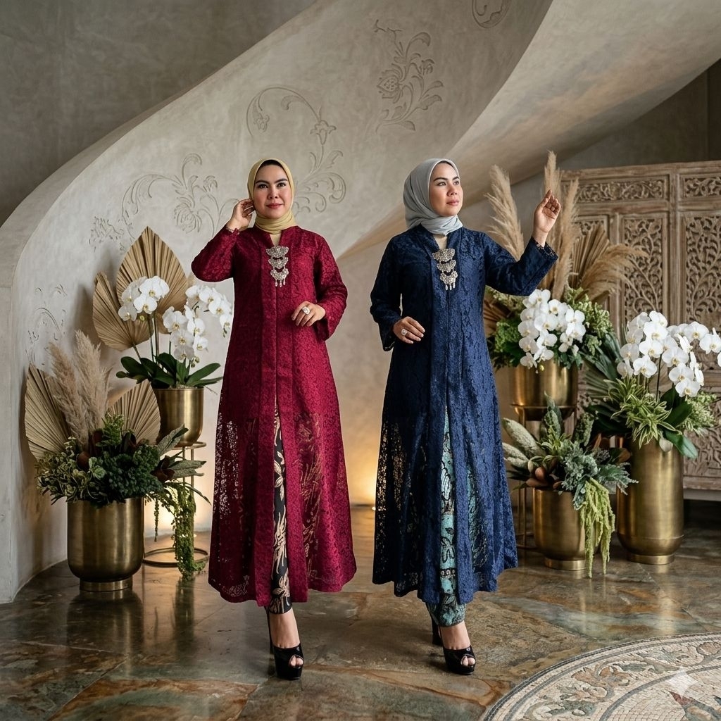 Setelan Kebaya Modern Long Tunik Model FLoy //Kebaya Brokat Busui Resleting Depan