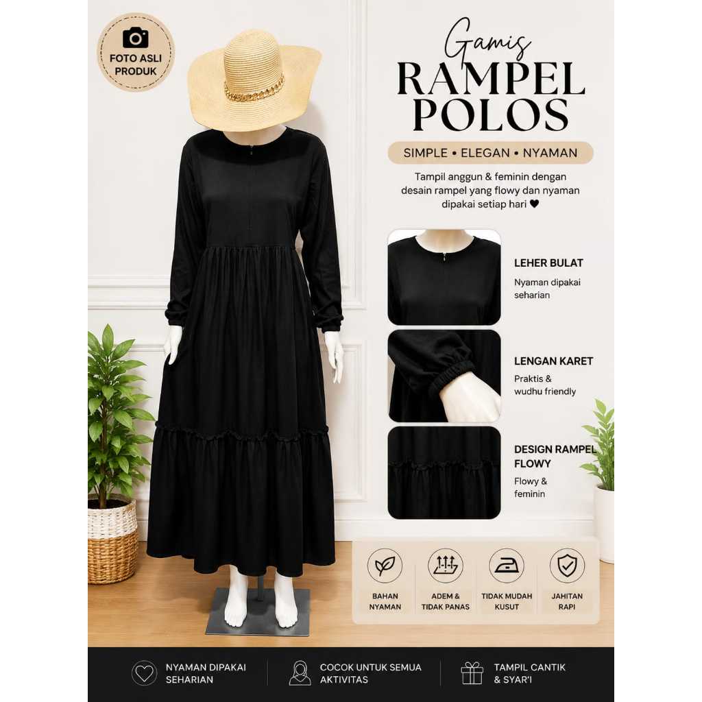 Gamis Rampel Polos Rayon Twill Premium Warna Hitam (Black)