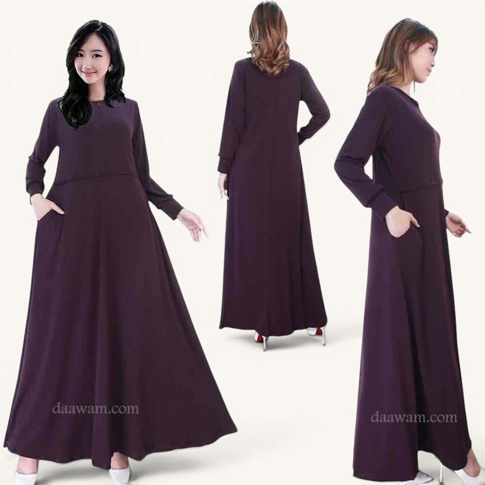 Daawam Gamis Polos Resleting Depan Spesialis Bahan Jersey Original Size S M L XL XXL Warna Ungu Tua