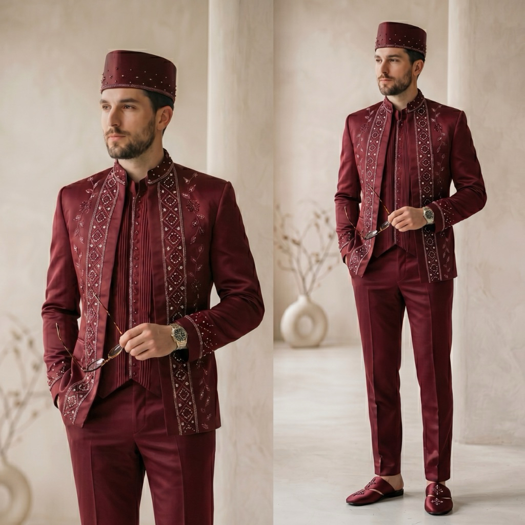 Beskap pengantin Burgundy | Basofi Beskap pria pengantin modern premium