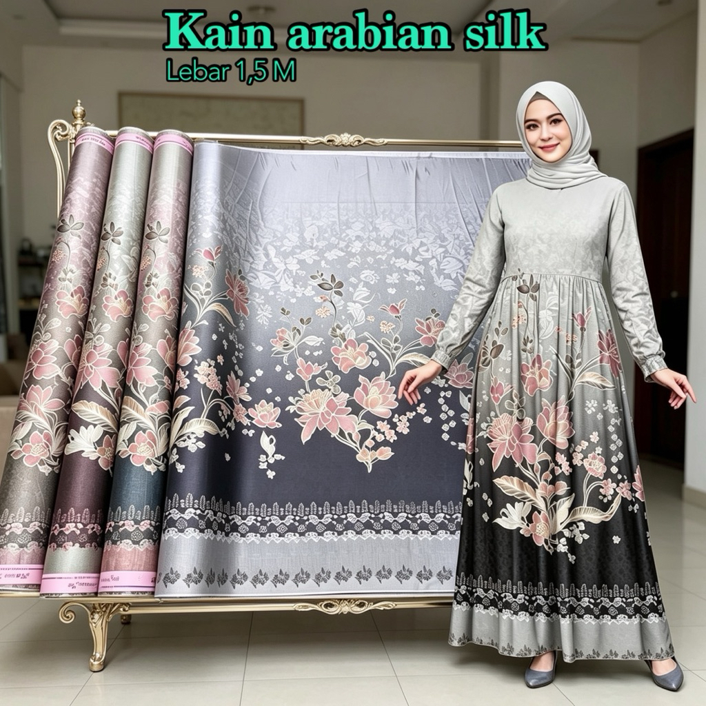 kain arabian sutra silk motif mewah terbaru mengkilap bahan gamis sarimbit baju lebaran meteran