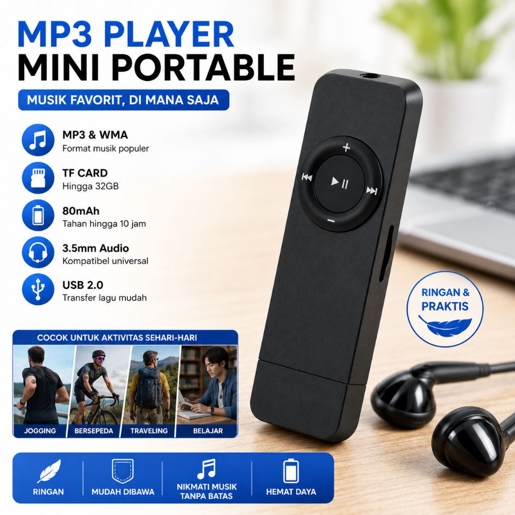 MP3 Player Portable Mini USB 2.0 TF Card Support Up To 32GB  MP3 WMA Baterai 80mAh Tahan 10 Jam Audi