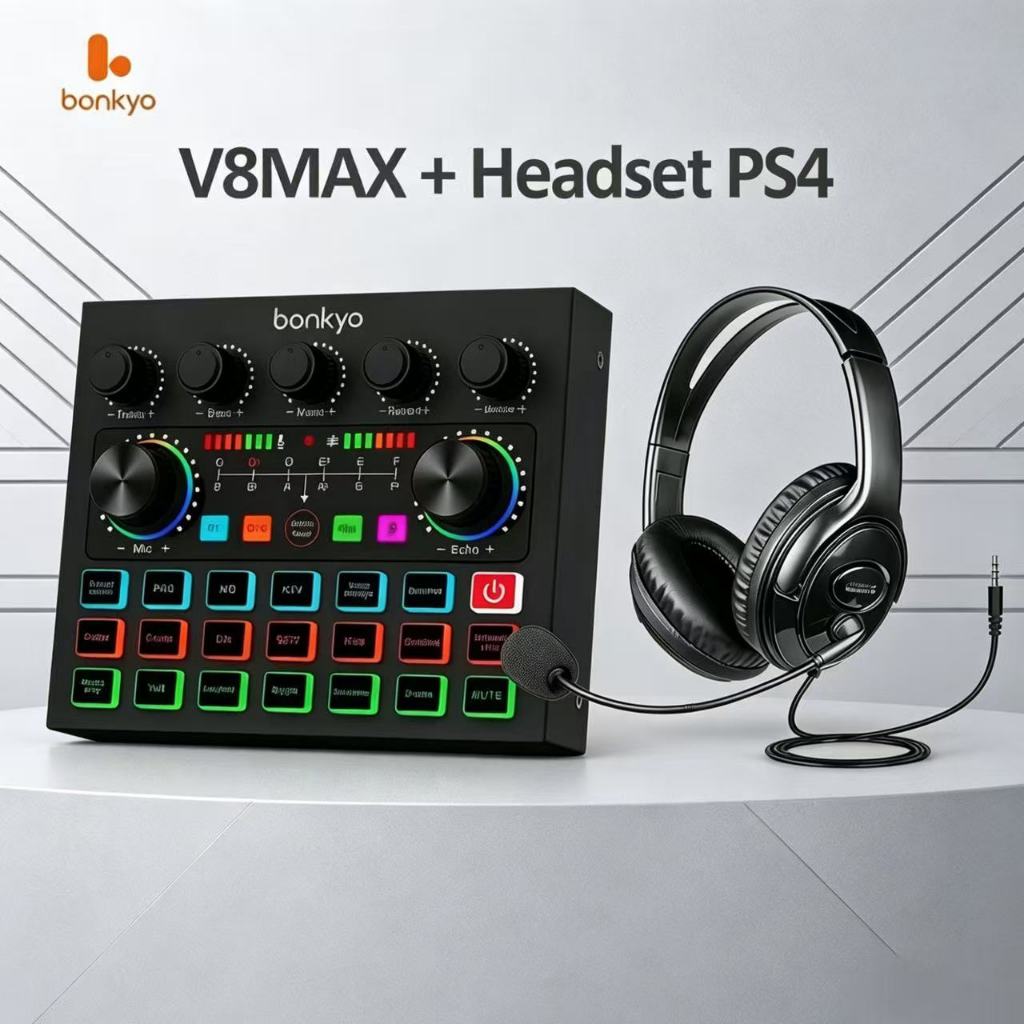 Bonkyo V8MAX Mixer Soundcard + Headset Mic PS4 - Paket Rekaman & Streaming Profesional