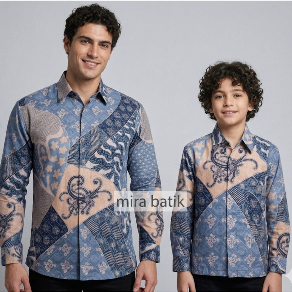 batik couple ayah anak biru denim  bahan katun premium_batik couple ayah anak biru telor asin cod