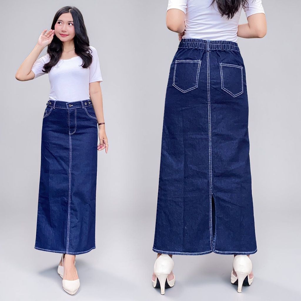 Rok Jeans Span Wanita Panjang Higtwaist Belahan Belakang