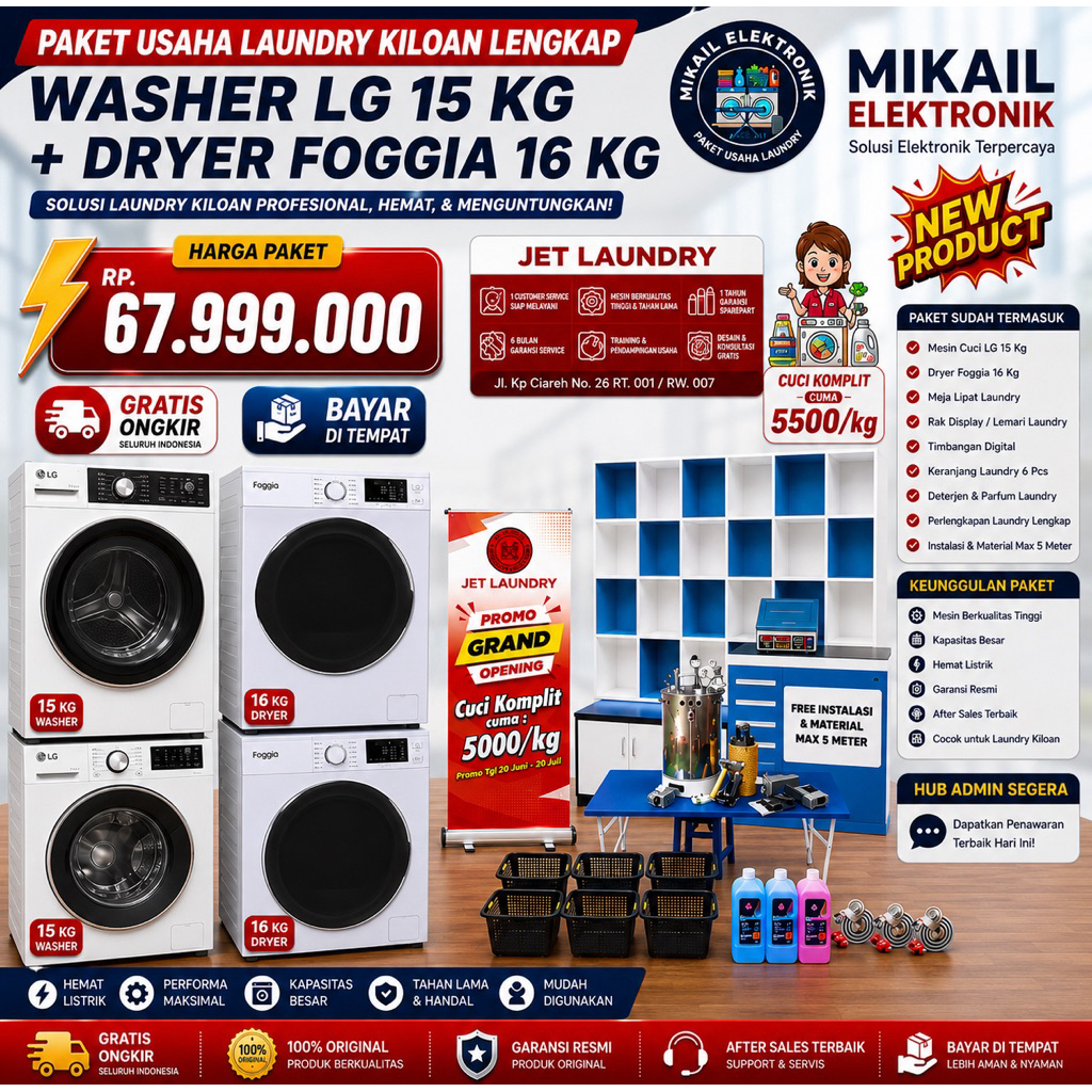 PAKET MESIN LAUNDRY FOGGIA DRYER + MESIN CUCI LG SET