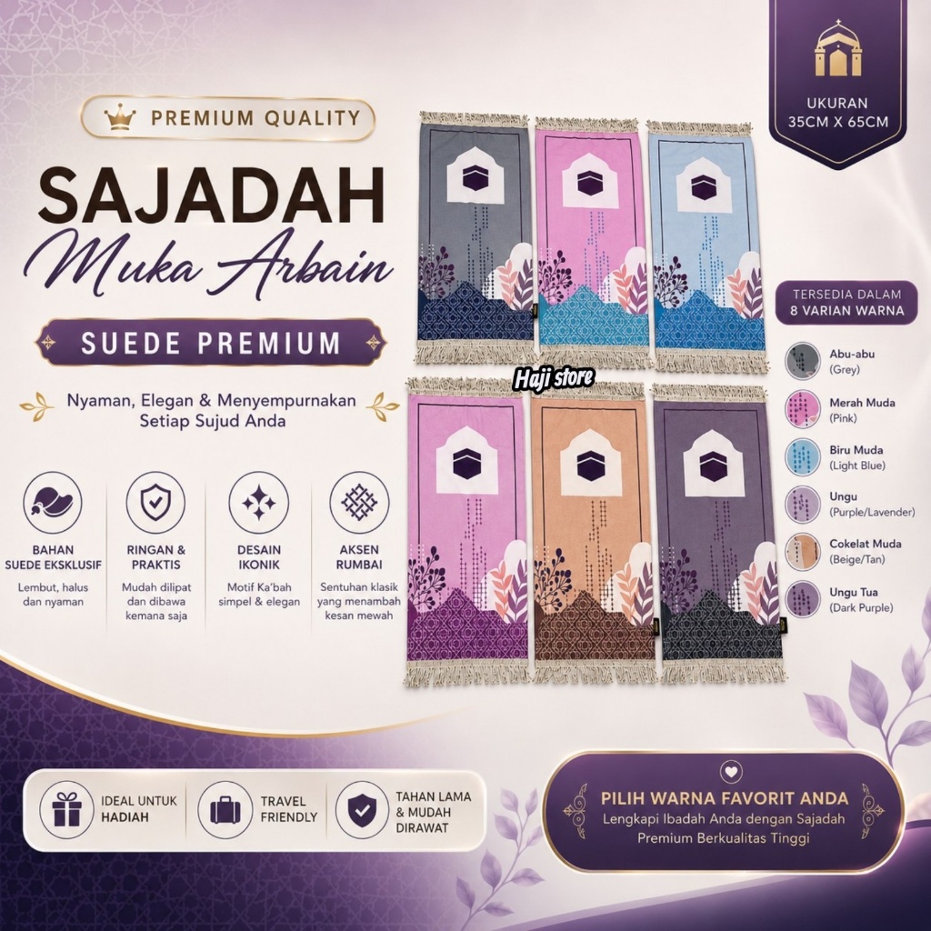 Sajadah Muka Arbain Suede Premium 35x65 cm Motif Ka'bah Eksklusif